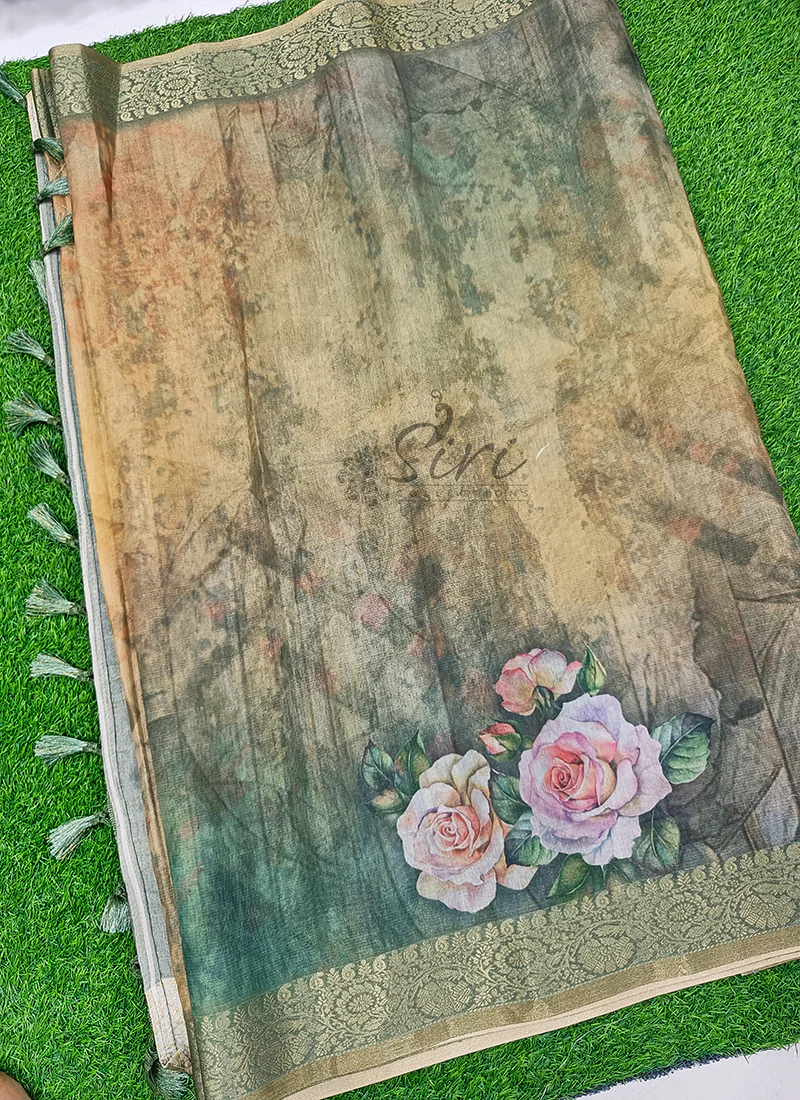 Beautiful Digital Print Soft Fancy Tissue Cotton Saree - Image 4