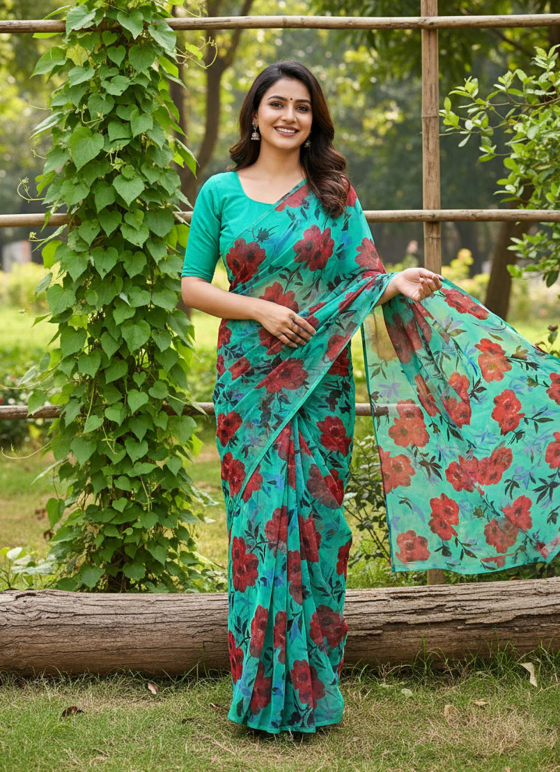 Exclusive Garden Vareli Printed Nara Chiffon Saree - Image 3