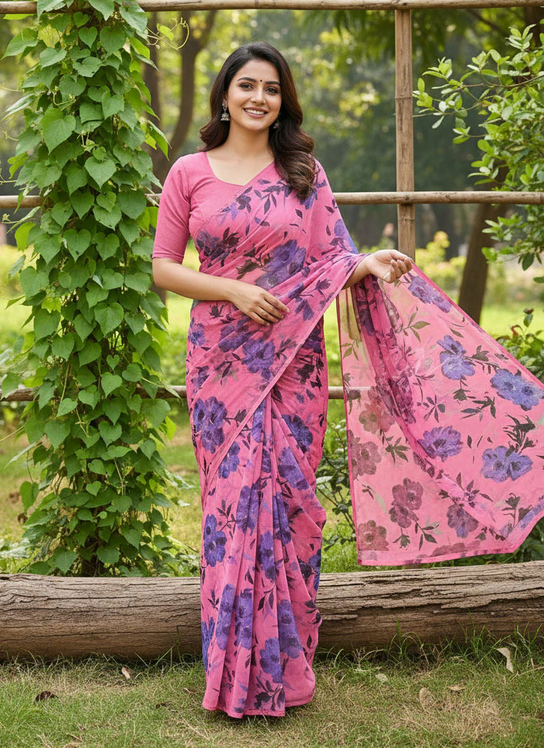 Exclusive Garden Vareli Printed Nara Chiffon Saree - Image 3