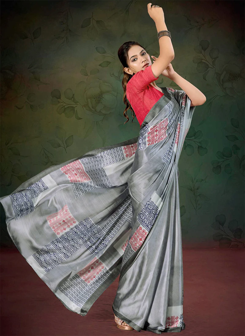 Lovely Digital Print Satin Saree - Image 5