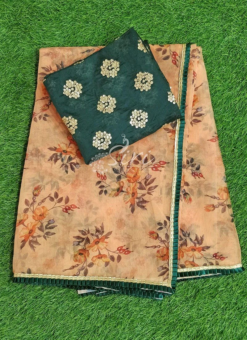 Lovely Floral Print Organza Saree in Frill - Image 3